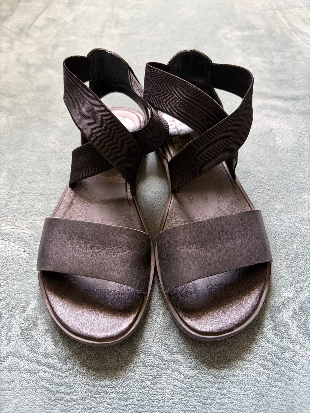 Sorel “Ella” Black Leather & Elastic Crisscross Sandals